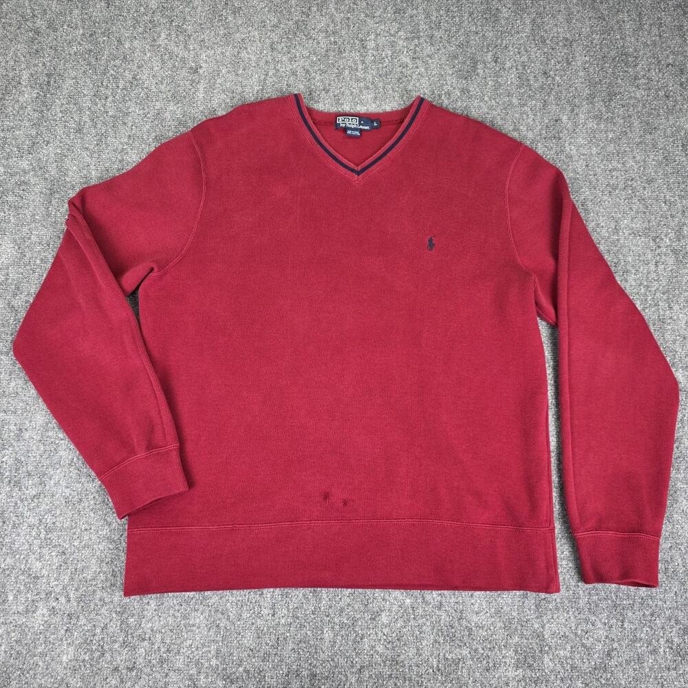 Polo Ralph Lauren Sweater Mens Large Red V Neck Cotton Pullover Preppy Knit